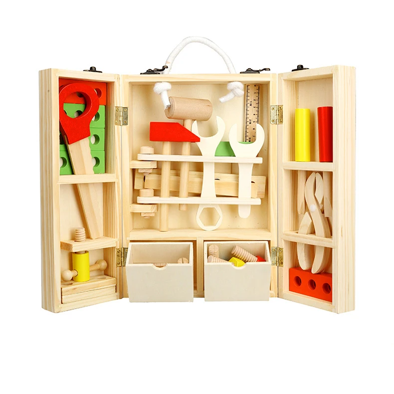 

BOHS Wooden Child Carpenter Construction Tool Box Boy Pretend Play Model Building Kits Toy, 30*20*8cm