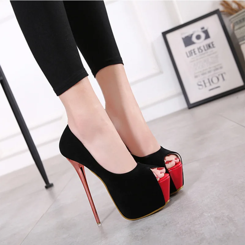 New Flock Women Pumps Sexy Platform Pumps 16Cm High Heels 16CM Stiletto Red Bottom Peep Toe Female Party Shoes sapato feminino