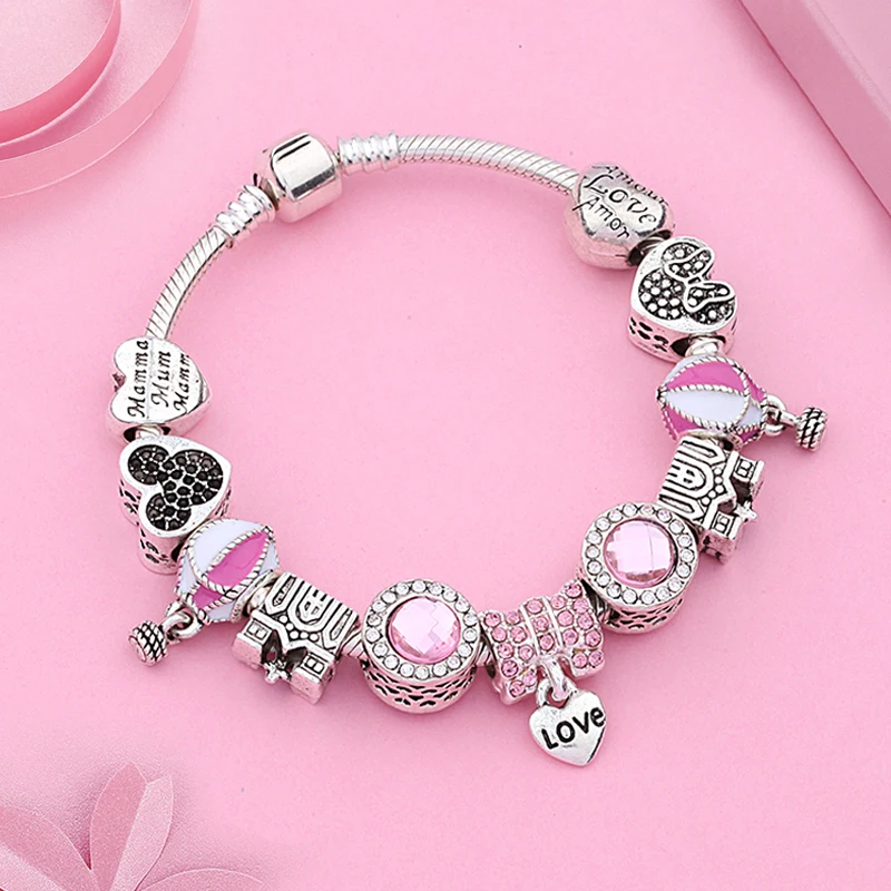 

2019 New Design Cute Pink Enamel Balloon Heart P Charm Bracelet Silver Color Heart Mickey Minnie Diy Bead Bracelet Femme