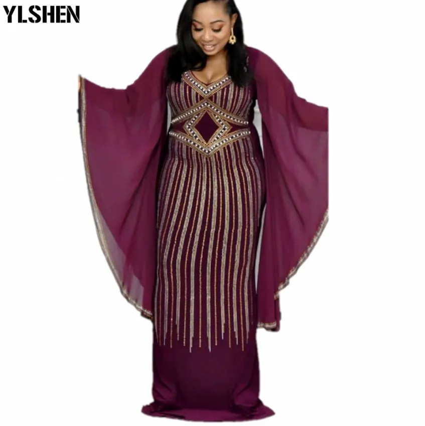 Style1 Purple Африканские платья для женщин Дашики алмаз африканская одежда Базен Broder Riche сексуальный тонкий рукав рюшами халат вечернее длинное платье - Цвет: Style1 Purple