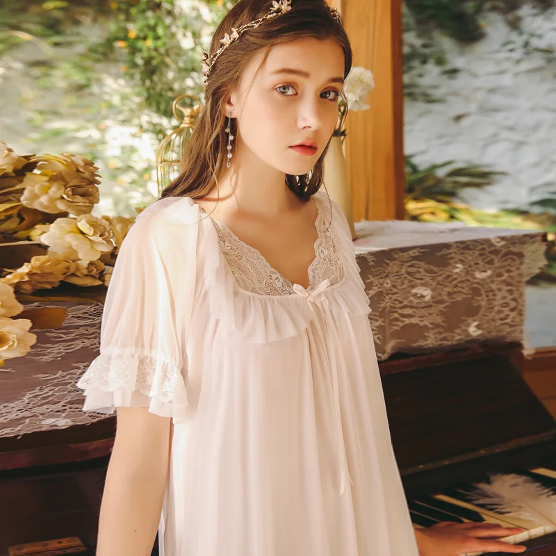 Летняя новая ночная рубашка женская белая винтажная красивая кружевная ночная рубашка хлопок розовый принцесса женское домашнее платье для сна