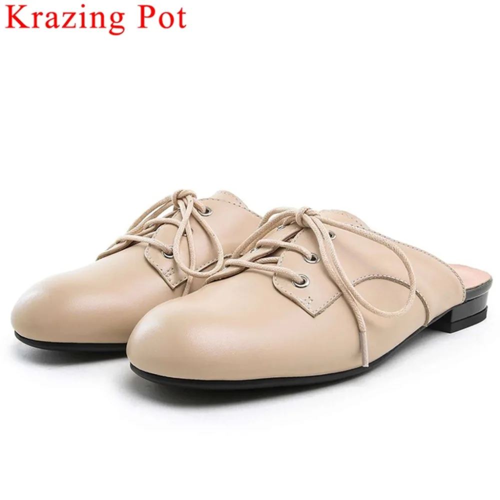 

Krazing Pot 2019 full grain leather low heels slip on mules round toe bowtie pretty girls preppy style clubwear daily shoes L09