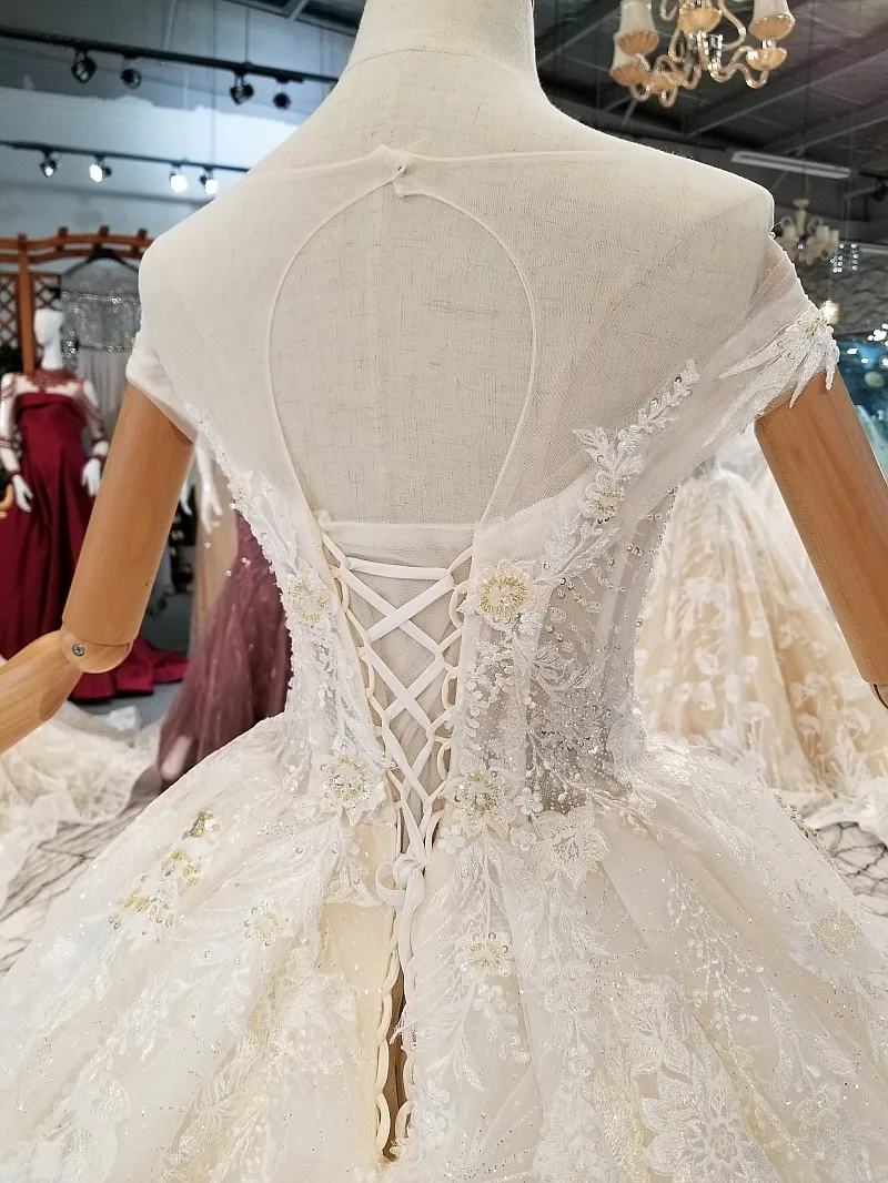 AXJFU Роскошные принцесса белый кружево свадебное платье с круглым вырезом Иллюзия бисер цветок белый свадебное платье из тюля 100% настоящая
