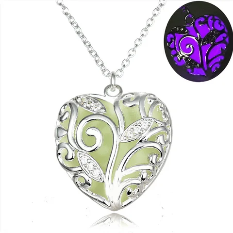 colors luminous Love Heart necklaces Hollow Glow In The Dark tone pendant Silver color Chains For women Fashion Jewelry Gift