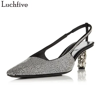 

Luchfive Crystal Pumps Women Runway Design Back T-Strap Square Toe Rhinestone Heel Sandals 2019 Spring Summer Zapatillas Mujer