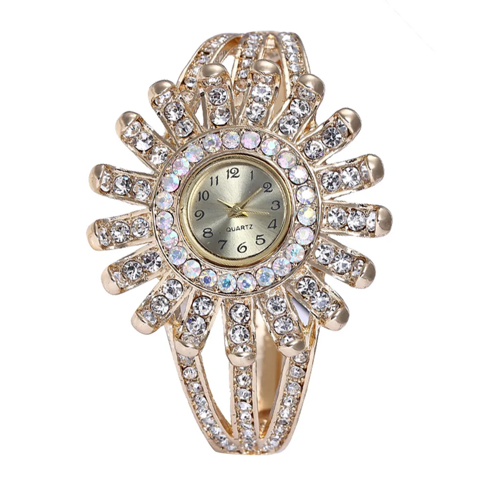 Женские круглые часы с бриллиантовым браслетом, аналоговые кварцевые наручные часы с механизмом, женские часы - Цвет: B