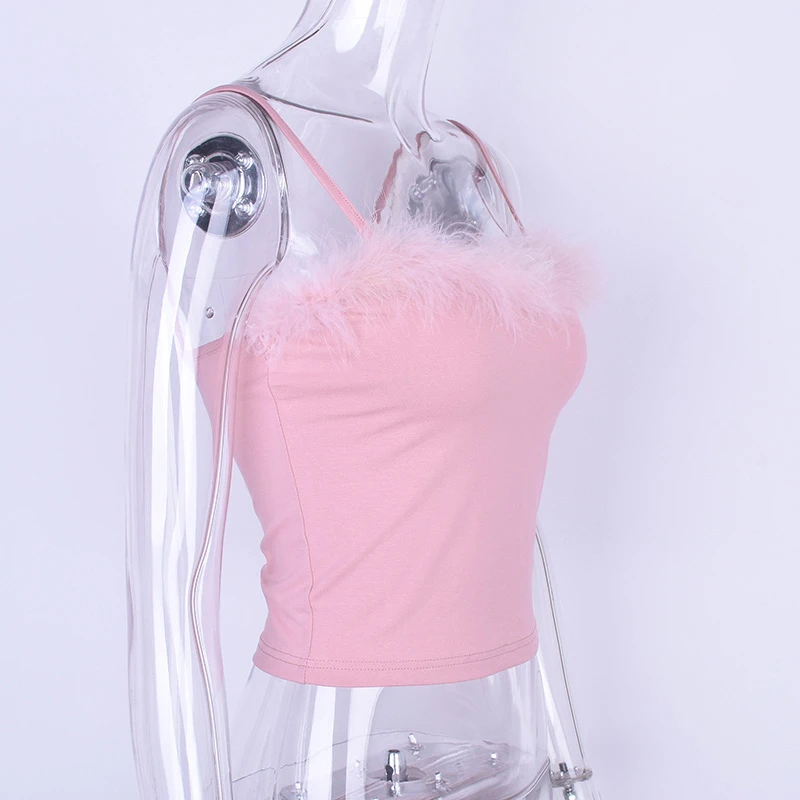 Сексуальный розовый укороченный топ для девушек Camisloe перо патч топы без рукавов жилет Рубашка Короткий Топ для женщин