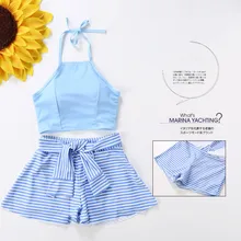 Новинка года; милые костюмы из двух предметов для девочек комплект танкини; одежда для купания купальный костюм в полоску мягкий сексуальный женский купальник пляжная одежда для плавания