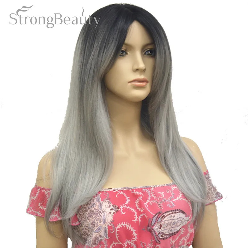 Сильная красота женские парики Длинные Синтетические монолитный парик Серый с темными корнями волос