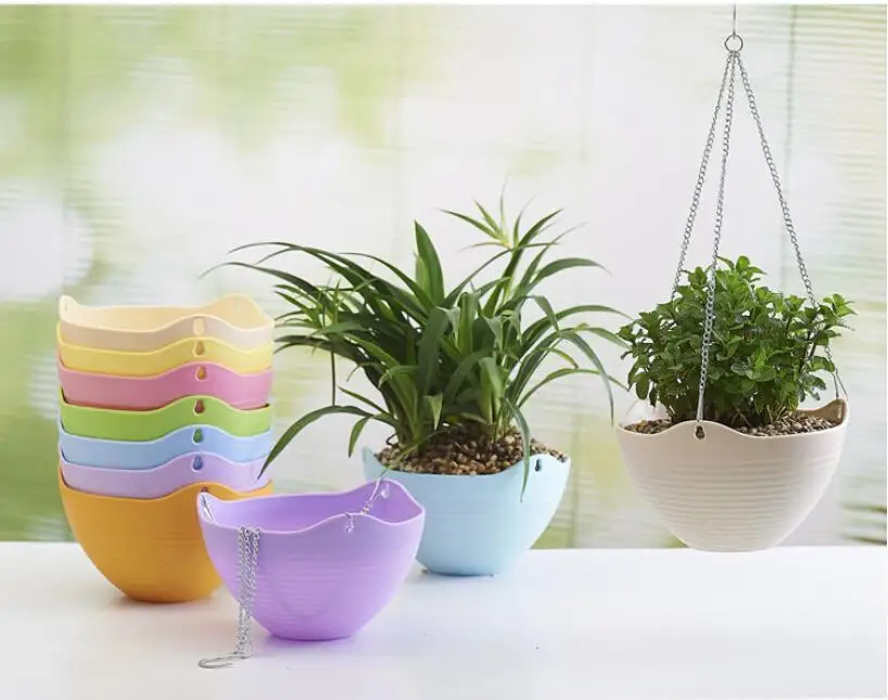 

7 Colors Flower Pots Hanging Flower Pot Chain Plastic Planter Basket Decor Flower Tub Home Decoration