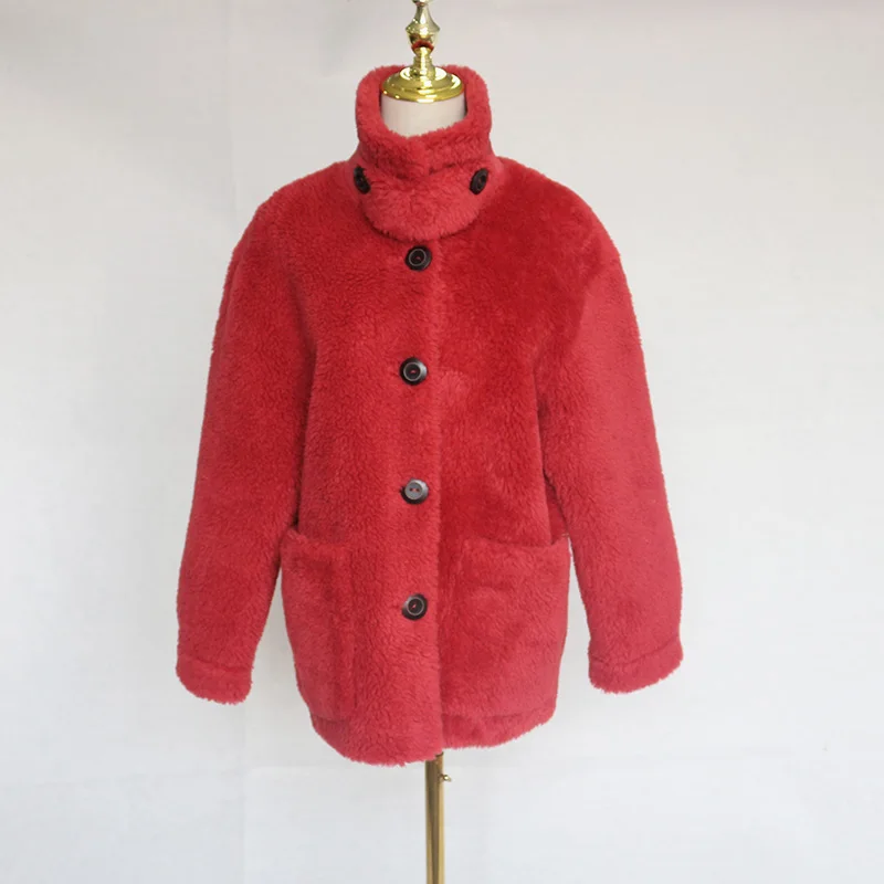 Длинные рукава на молнии Высокая шея натуральной овечьей шерсти топы на осень-зиму Женская мода однотонная куртка - Цвет: red short