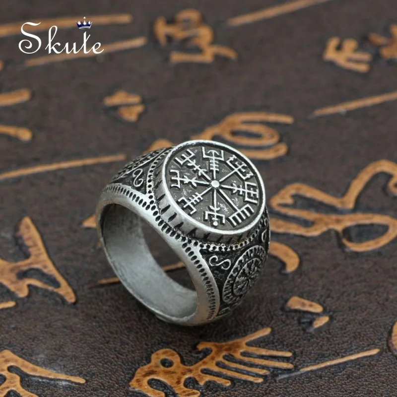 

Skute Stainless Steel Gothic Biker Punk Vintage Ring for Men Vegvisir Amulet Nordic Viking Compass Ring Odin Runes Pagan Jewelry
