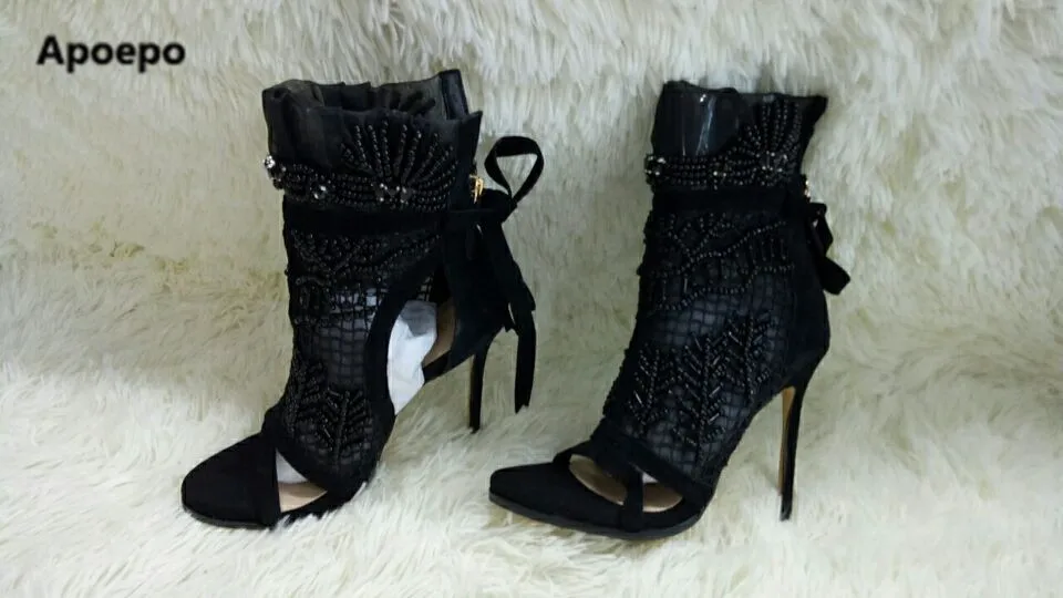

2017 Gorgeous Women high heel ankle boots summer sexy black peep toe women's shoes string bead ladies shoes zapatos mujer