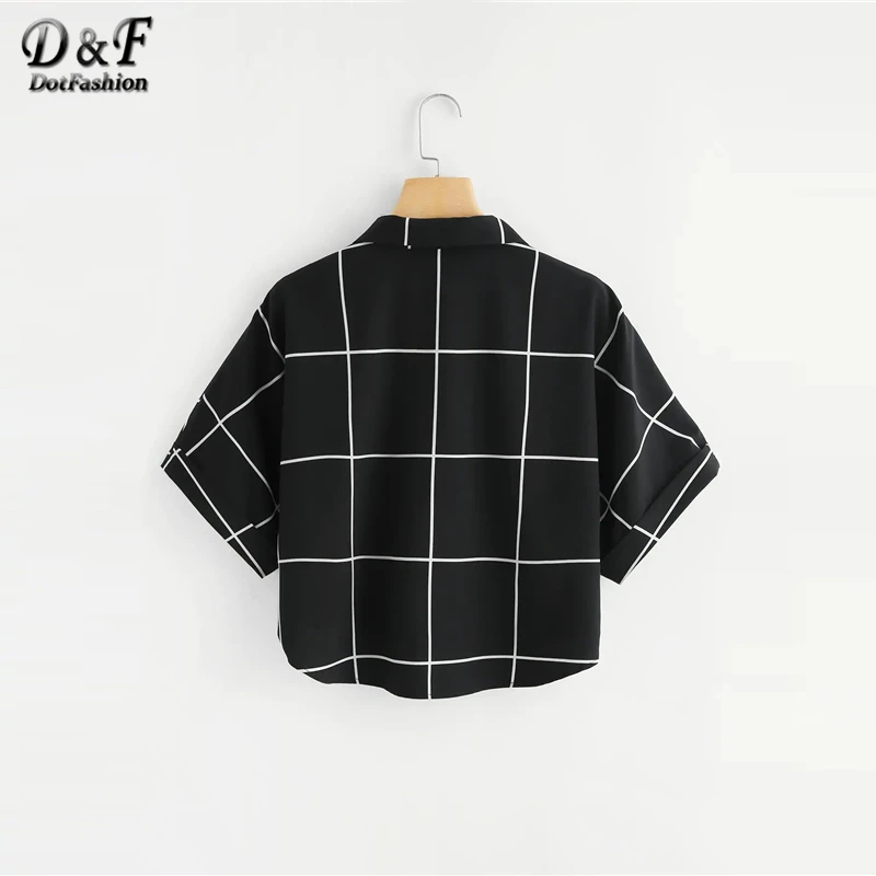  Dotfashion Black And White Cuffed Sleeve Grid Shirt 2019 Summer Casual Batwing Sleeve Placket Cloth