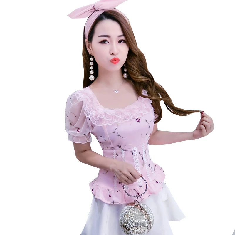 

Women Shirt Summer Floral Embroidery Lace Blouse Sexy Slim Ruffles Short Sleeve Mesh Blouses Pink Sweet Ladies Blusas Tops SF951