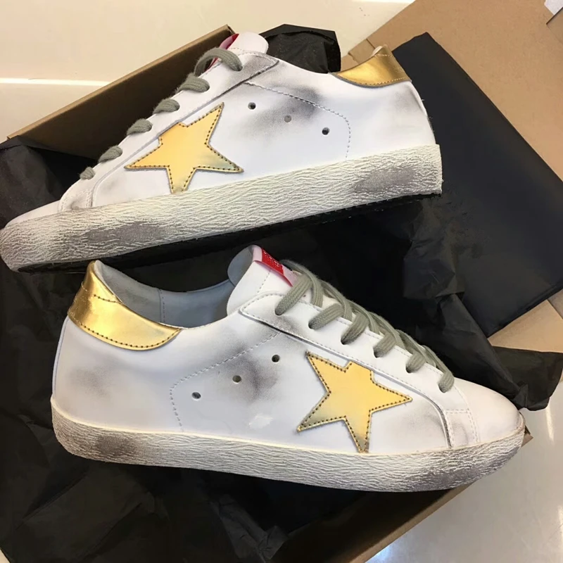 Yellow Star Sneaker Casual Shoe Round Toe Worn Out Distressed Leather ...