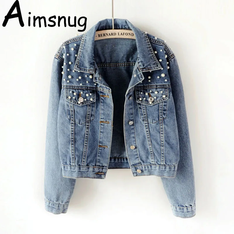 Plus size 5xl 2019 Spring Vintage Women Jean Jacket Witrh Pearls Beading Long Sleeve Pockets Denim Jackets Loose Outwear Female