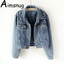 Plus size 5xl 2019 Spring Vintage Women Jean Jacket Witrh Pearls Beading Long Sleeve Pockets Denim Jackets Loose Outwear Female