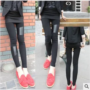 

New Sexy Lady Stitching Stretchy Faux Leather Back Leggings Pant women fashion leggigns leather leggings Free Shipping