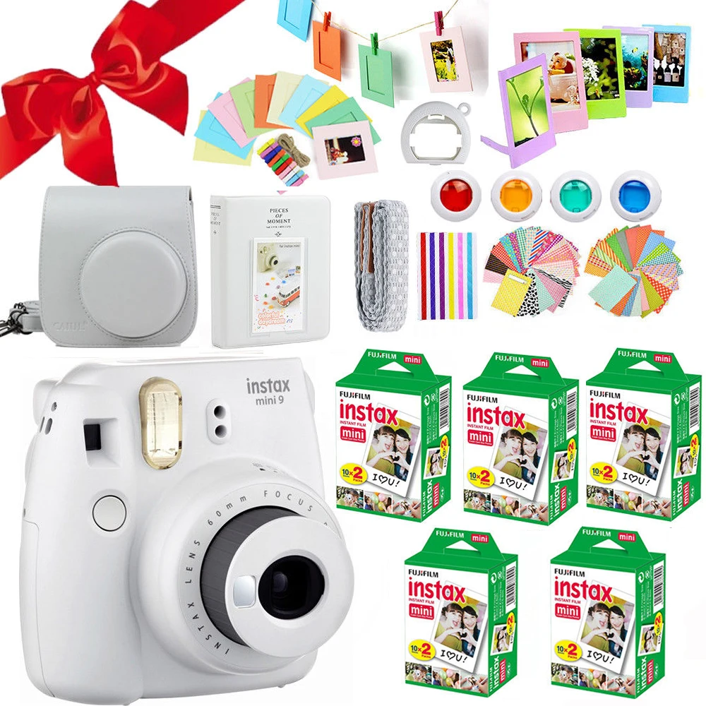 Fujifilm Instax Mini 9 camera+ Fuji 100 фото мгновенная мини простая белая пленка+ Бесплатные аксессуары крупным планом объектив, альбом, сумка