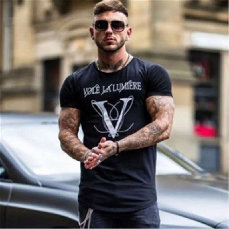 Summer New Men Casual Bodybuilding t-shirt Male Gyms Fitness Jogger slim quick-drying Cotton Print Short sleeve Brand tees tops