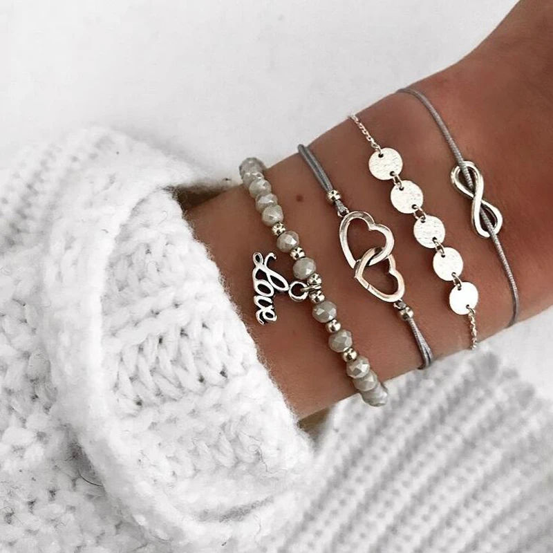 

XIYANIKE 4Pcs/ Set Punk Double Heart Letter Natural Stone Crystal Beads Chain Multilayer Pendant Bracelet Set Charm Girl B14