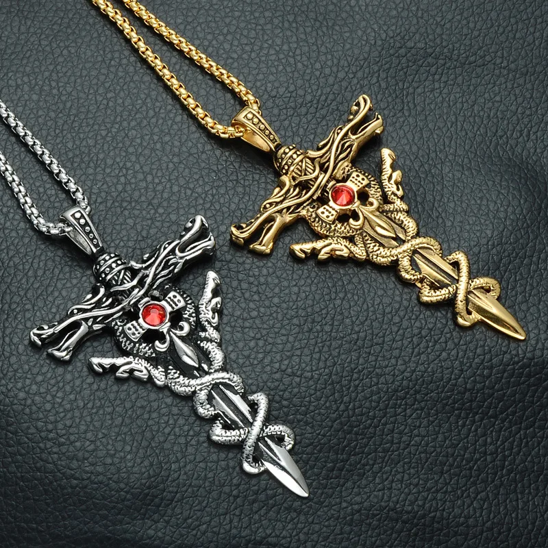 Beichong Gold Color Double Dragon Sword Men Necklace Stainless Steel