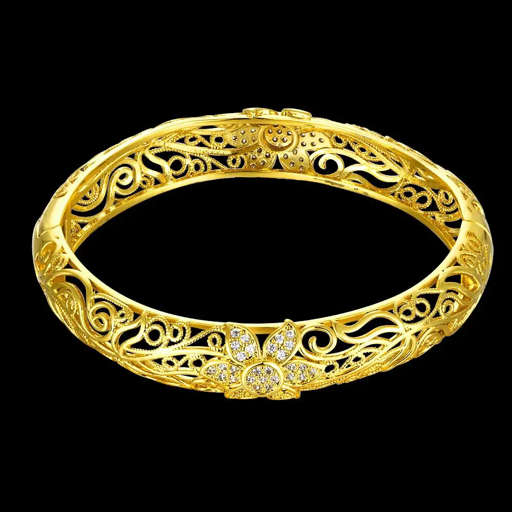 

Delicate Filigree Bangle Yellow Gold Filled Hollow Out Carved Flower Bracelet Bangle Women Jewelry Gift