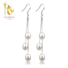 [Нимфа] 925-Sterling-серебряные украшения с жемчугом натуральный жемчуг серьги настоящий пресноводный жемчуг длинные серьги WeddingTassels 1060