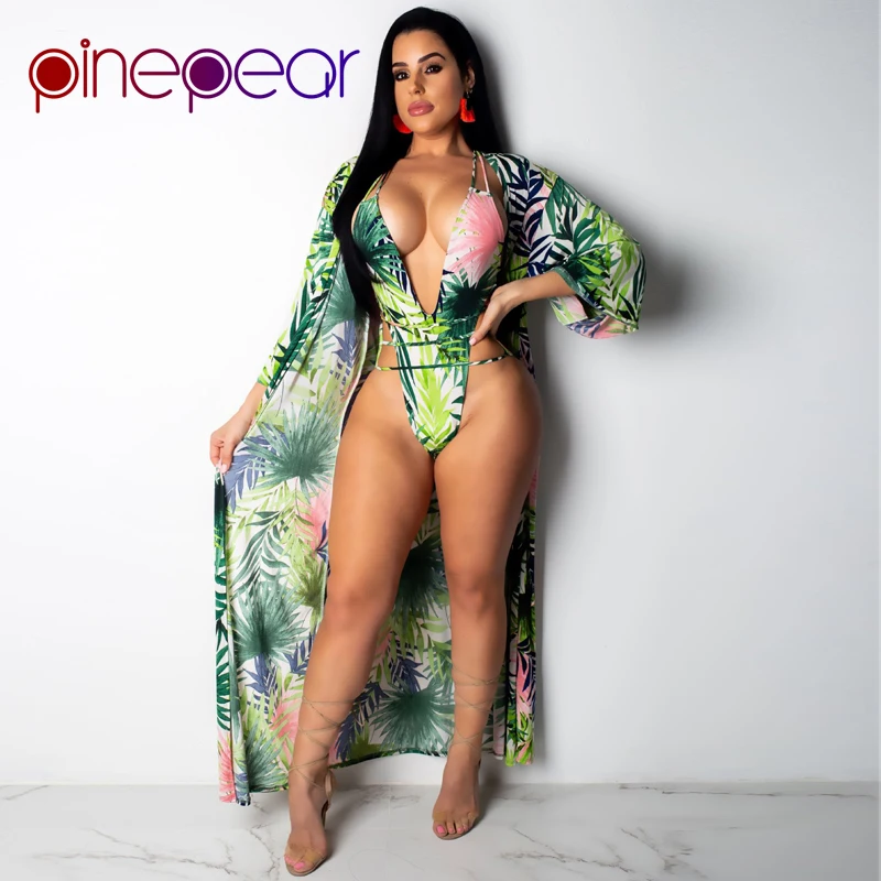

PinePear Leaf Print Bodysuit and Long Cover Up Bikini Set Swimsuit 2019 Women Swim Bathing Suit Beach Wear Swimwear Dropshipping