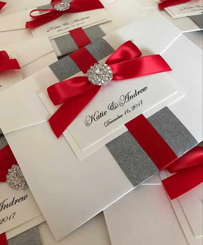  CA0709 Chic Modern Wedding Invitations with Ribbon and Crystal - 32225900835