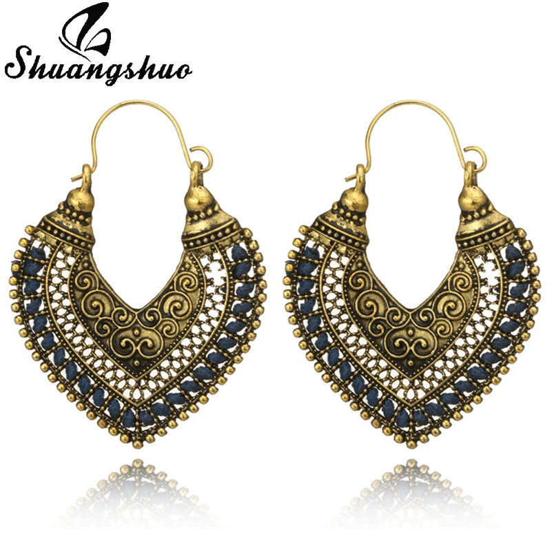 Shuangshuo Ethnic Vintage Carving Hollow Heart Hoop Earrings for Women Pendientes Mujer Brincos Bohemian Big Hoops Earrings