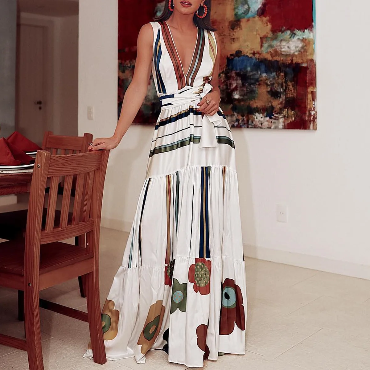 

Floral Printed White Sexy Bohemian Beach Dresses Dress to the Floor V Neck Maxi Runway Dress Spaghetti Strap Spring Vestido