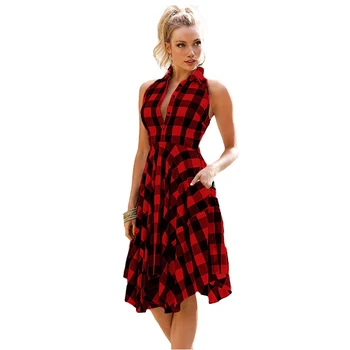 

Short Sleeve Shirt Summer A-line Vintage Women Party Flared Leisure Vestidos Dresses Dress Casual Plaid