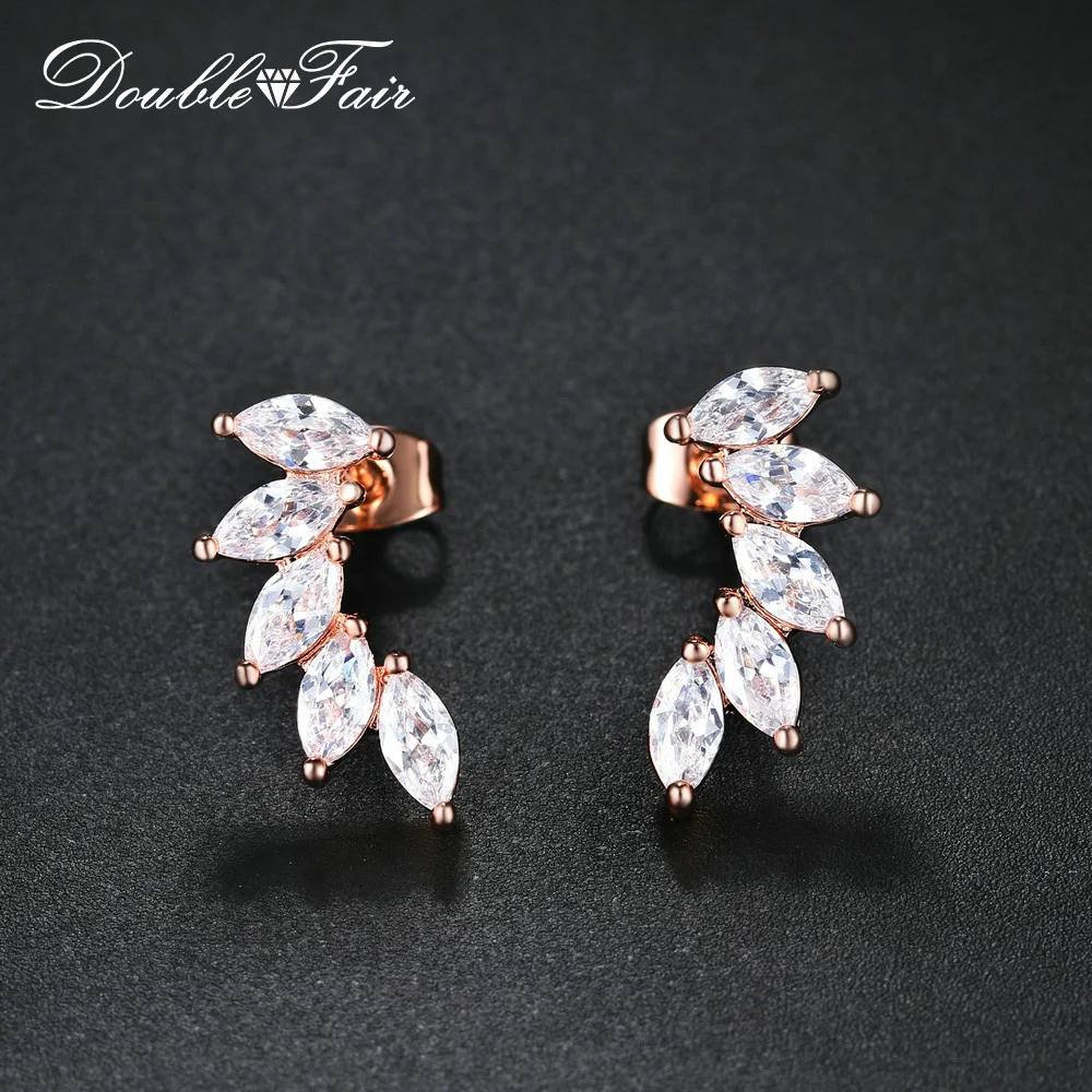 

Double Fair Tree Leaf Stud Earrings Rose Gold Color Fashion Zircon Crystal Jewelry For Women Statement Jewelry For Gift DFKC164M