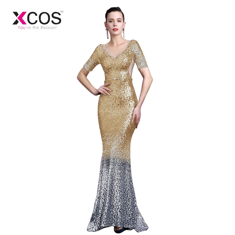 Xcos 2019 темно синие блесток градиент Вечерние платья Длинные пикантные Sheer V средства ухода за кожей шеи See Through Назад Русалка Вечеринка