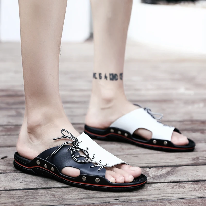 New Genuine Leather Men Slippers Beach Shoes Comfortable Men 2019 Summer Flat Heels Male Slides Luxury Plus Size 38-48(30)