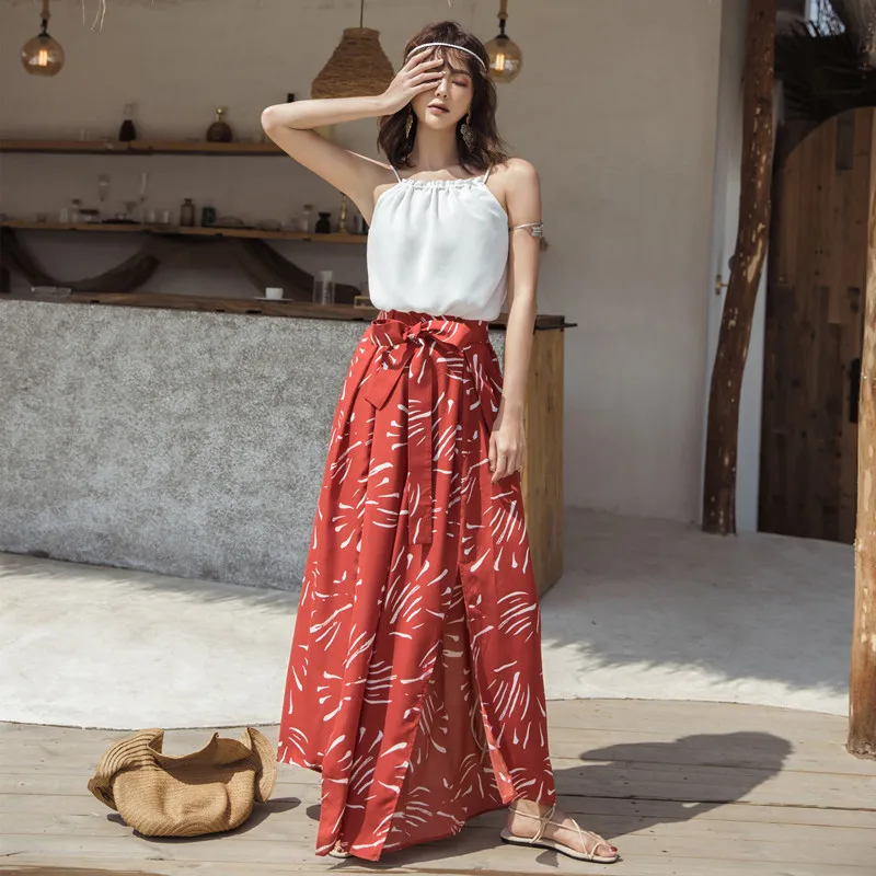 

Seaside holiday bohemian nine pants 2019 new fashion irregular split fork pants with printed beach wide leg pants