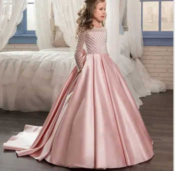 

Fashion Kids Girl Fashion Dress Floor Length Button Draped Long Sleeves O-neck with Bow Sash Flower Ball Gowns 2-12Yrs