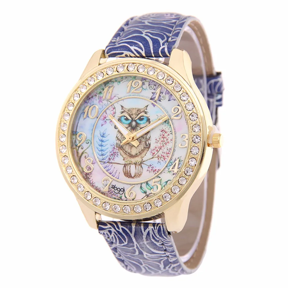 Женские часы модные часы с рисунком совы, цветной кожаный ремешок, цифровые часы с циферблатом, кварцевые наручные часы с бриллиантами, Relogio Feminino