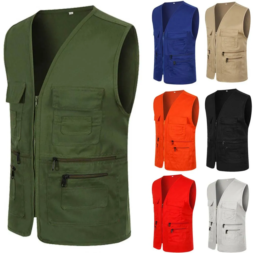 

Jacket Men Zipper Vest Sleeveless Coat Casual Multi Pocket British Suit Gray Khaki Army Green Orange Blouse veste homme chaqueta