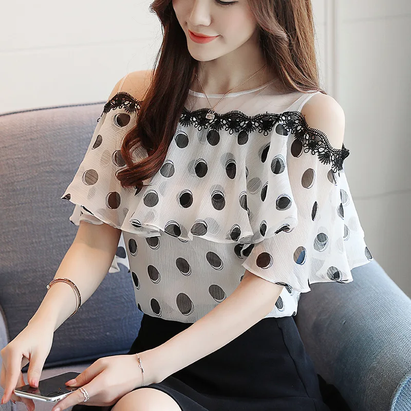 

2019 Women Blouses Sweet Polka Dot Print Chiffon Shirt Ladies Tops Casual White Shirts Mesh Ruffles Korean Blouse Blusas Mujer