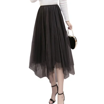 

Elegant Mesh Skirts New Spring Summer Elastic High Waist Irregular Skirts Women Loose Pleated Voile Gray Long Skirts RE0525