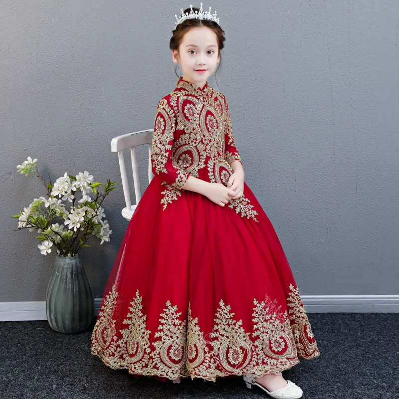Новинка года; сезон осень-зима; роскошное Красное длинное платье в китайском стиле для дня рождения детское кружевное платье с вышивкой для девочек