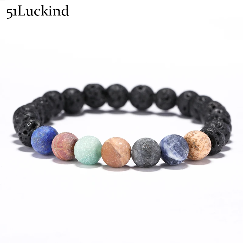 

New Design 7 Chakra Healing Balance Bracelet Black Lava Rainbow Beads Yoga Energy Braclet For Women Men Yoga Jewelry Homme