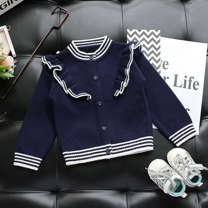 Новая осень оборками вязаный кардиган свитер Дети Костюмы Fit 1-5 т весна полосатый мозаика кружевной свитер пальто для для маленьких девочек - Цвет: navy blue sweater