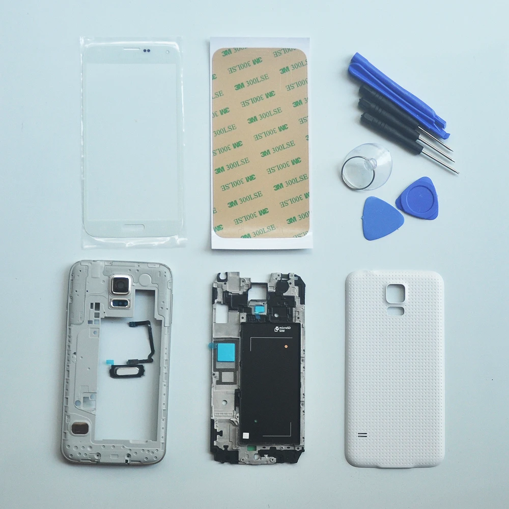 

White Full Housing Cover Repair Parts,Outer Glass,With 3M Adhesive,Tools,Home Button For Samsung Galaxy S5 I9600 G900H G900F