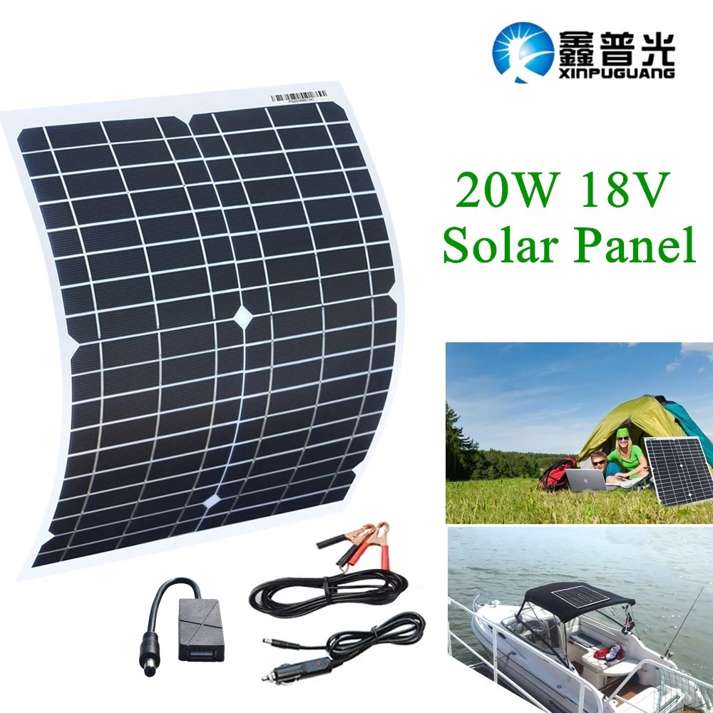 

XINPUGUANG 18V 20W 5v USB Monocrystalline Solar Panel with Car Charger for Outdoor Camping Panneau solaire solpanel Zonnepaneel