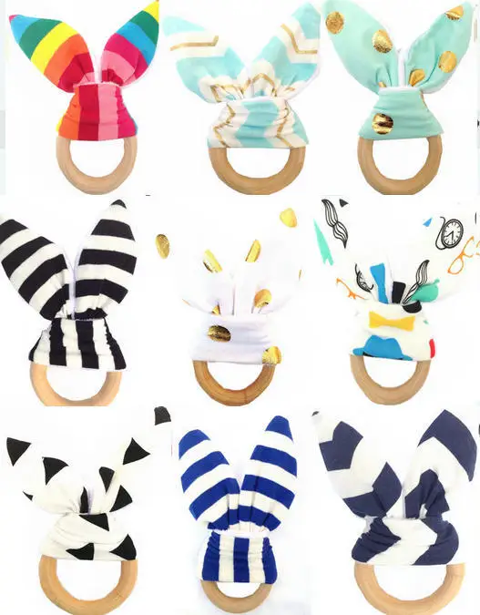 

Bunny Ear Teether for Baby Boy Safe Organic Wood Teething Ring Color Recognition Training Infant Nipple Pacifier Teether Toy