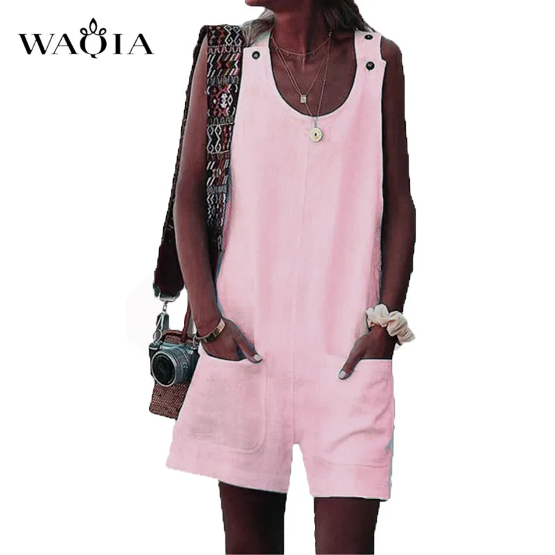 Розовый WAQIA Women Cotton Linen Rompers Playsuit Ladies Kawaii Solid Strap Button Pocket Bib Overalls Bodysuit Jumpsuits Plus Size 5XL - Цвет: Розовый